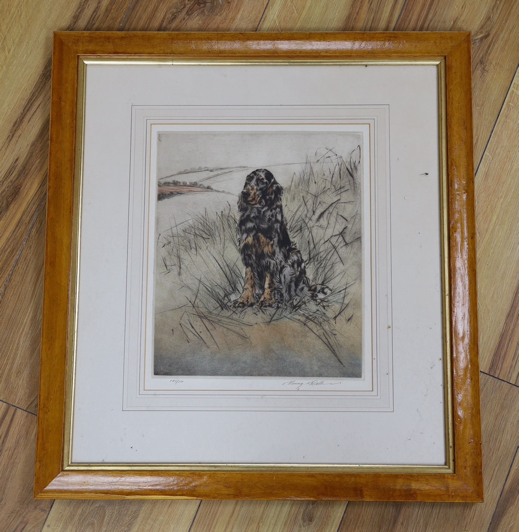Henry Wilkinson (1921-2011), coloured etching, Gordon Setter in a landscape, signed in pencil, 145/150, 30 x 25cm
